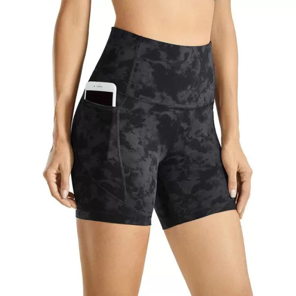 CRZ YOGA Womens Naked Feeling Biker Shorts  5 Inches High Waisted Gym Running Compression Spandex Shorts Side PocketsTie Dye Smoke Ink