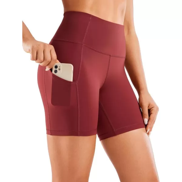 CRZ YOGA Womens Naked Feeling Light Running Shorts 6 Inches  High Waisted Gym Biker Compression Shorts with Pockets6 inches Deep Wine