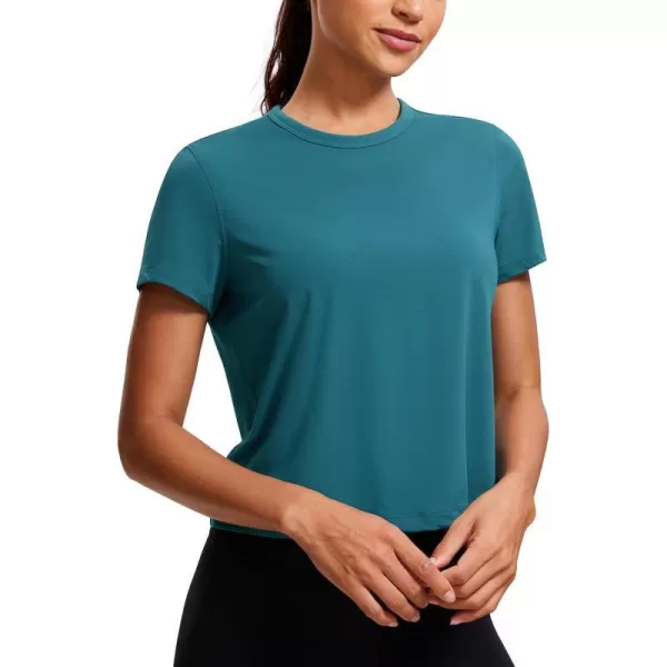 CRZ YOGA Womens Pima Cotton Short Sleeve Crop Tops High Neck Cropped Workout Tops Yoga Athletic Shirts Casual TShirtBorealis Green