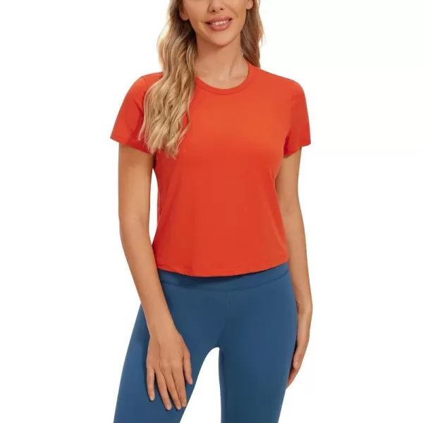 CRZ YOGA Womens Pima Cotton Short Sleeve Crop Tops High Neck Cropped Workout Tops Yoga Athletic Shirts Casual TShirtBrick Orange