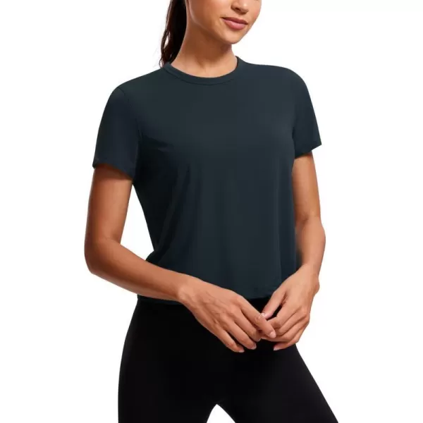 CRZ YOGA Womens Pima Cotton Short Sleeve Crop Tops High Neck Cropped Workout Tops Yoga Athletic Shirts Casual TShirtTrue Navy