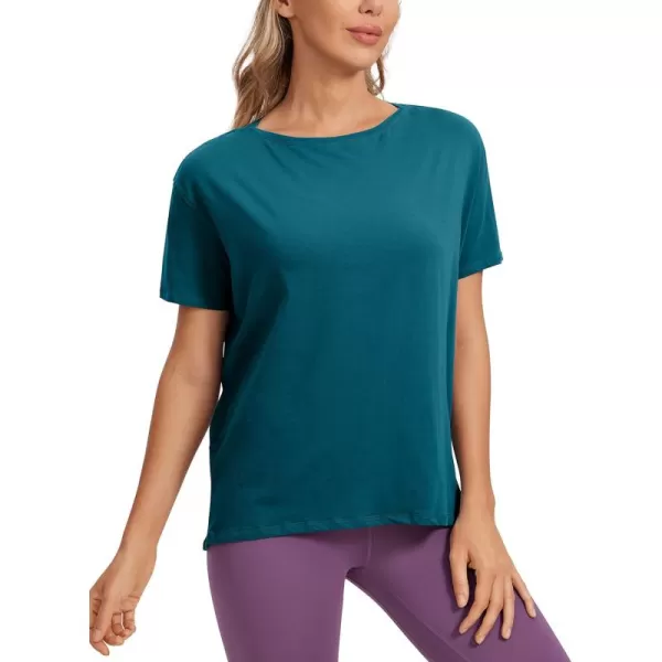 CRZ YOGA Womens Pima Cotton Short Sleeve Shirts Boat Neck Loose Fit Gym Workout TShirt Athletic Casual TopsGreen Jade