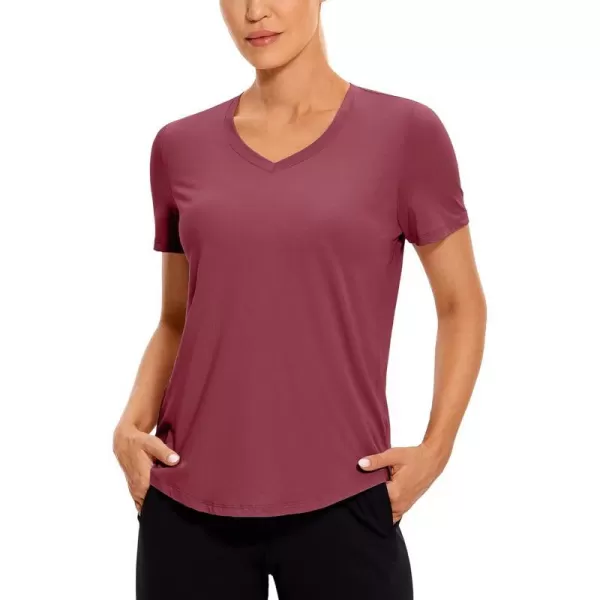 CRZ YOGA Womens Pima Cotton Short Sleeve Shirts V Neck TShirts Casual Workout Tops Gym ClothesMisty Merlot