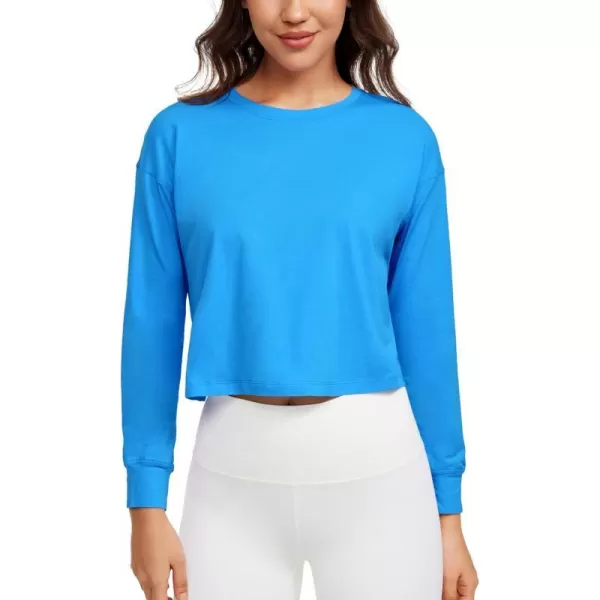 CRZ YOGA Womens Pima Cotton Workout Long Sleeve Shirts Loose Athletic Yoga Tops Basic Casual Fall Crop ShirtMadagascar Blue