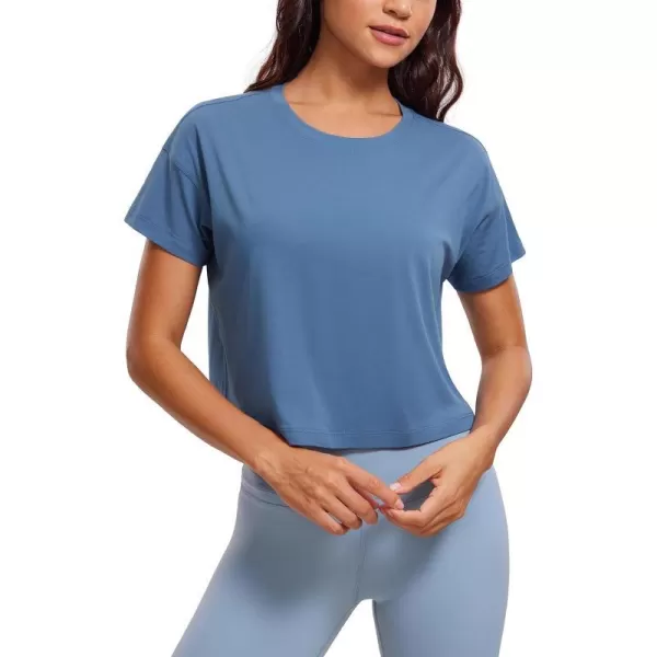 CRZ YOGA Womens Pima Cotton Workout Short Sleeve Shirts Loose Crop Tops Athletic Gym Shirt Casual Cropped TShirtInk Blue