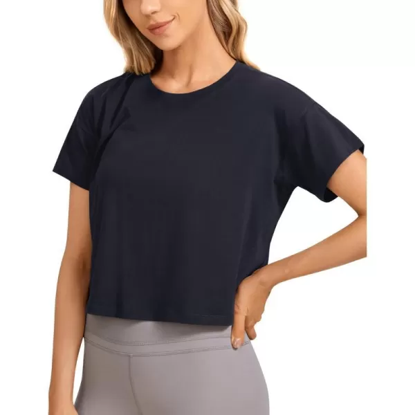 CRZ YOGA Womens Pima Cotton Workout Short Sleeve Shirts Loose Crop Tops Athletic Gym Shirt Casual Cropped TShirtNavy