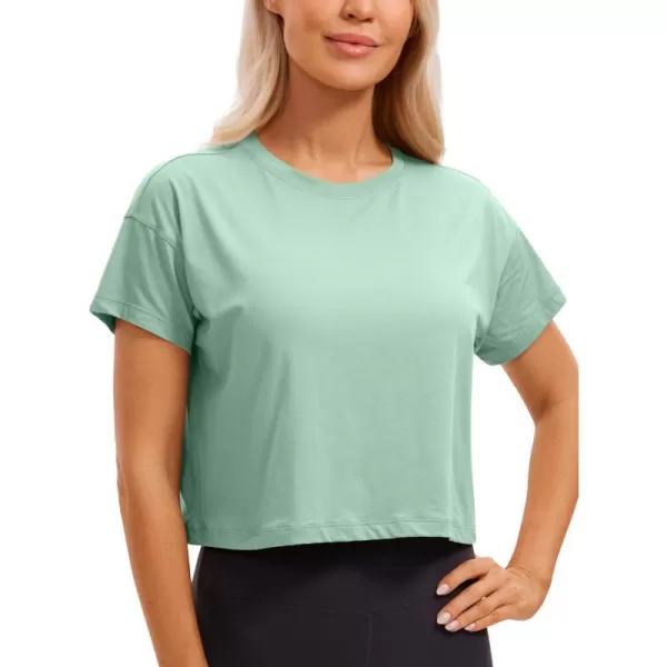 CRZ YOGA Womens Pima Cotton Workout Short Sleeve Shirts Loose Crop Tops Athletic Gym Shirt Casual Cropped TShirtSoft Seagrass