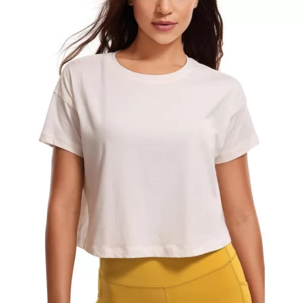 CRZ YOGA Womens Pima Cotton Workout Short Sleeve Shirts Loose Crop Tops Athletic Gym Shirt Casual Cropped TShirtWhite Apricot