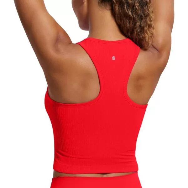 CRZ YOGA Womens Seamless Ribbed Longline High Neck Sports Bra  Racerback Padded Slim Fit Crop Tank Top with Built in BraDeep Red