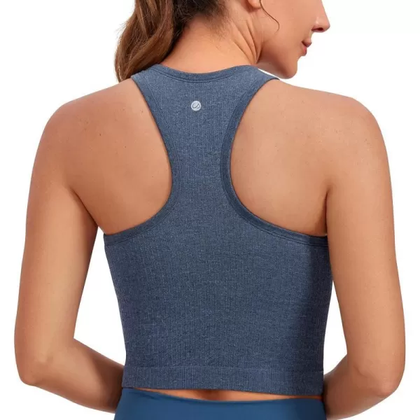 CRZ YOGA Womens Seamless Ribbed Longline High Neck Sports Bra  Racerback Padded Slim Fit Crop Tank Top with Built in BraDust Blue Heather