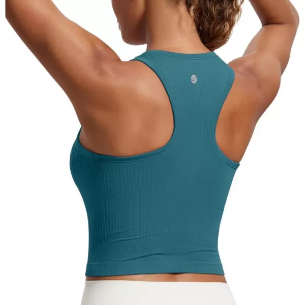 CRZ YOGA Womens Seamless Ribbed Longline High Neck Sports Bra  Racerback Padded Slim Fit Crop Tank Top with Built in BraGreen Jade