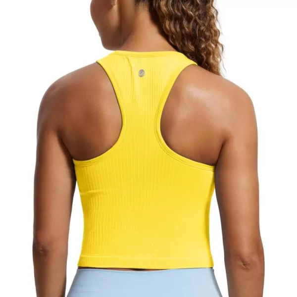 CRZ YOGA Womens Seamless Ribbed Longline High Neck Sports Bra  Racerback Padded Slim Fit Crop Tank Top with Built in BraHigh Visibility Yellow