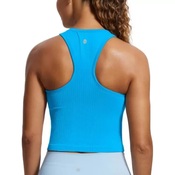 CRZ YOGA Womens Seamless Ribbed Longline High Neck Sports Bra  Racerback Padded Slim Fit Crop Tank Top with Built in BraMadagascar Blue