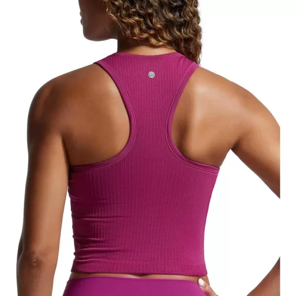 CRZ YOGA Womens Seamless Ribbed Longline High Neck Sports Bra  Racerback Padded Slim Fit Crop Tank Top with Built in BraMagenta Purple