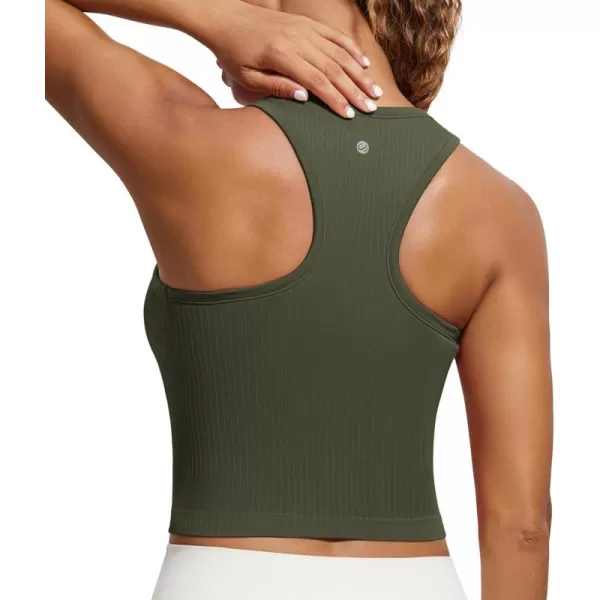 CRZ YOGA Womens Seamless Ribbed Longline High Neck Sports Bra  Racerback Padded Slim Fit Crop Tank Top with Built in BraOlive Green