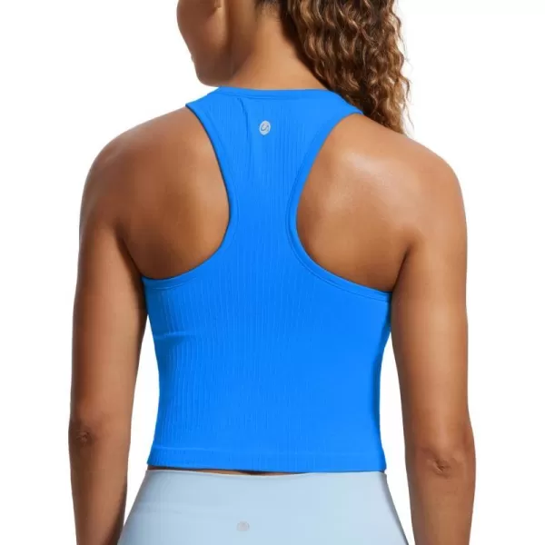 CRZ YOGA Womens Seamless Ribbed Longline High Neck Sports Bra  Racerback Padded Slim Fit Crop Tank Top with Built in BraSparkle Blue