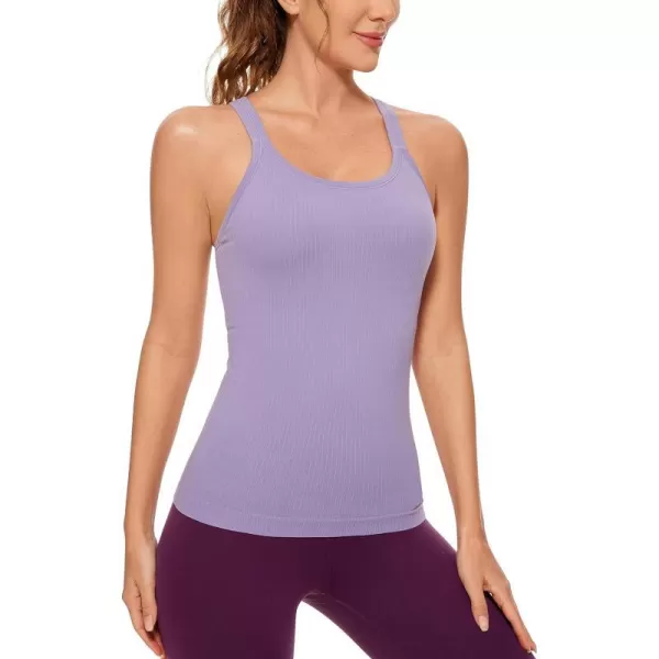 CRZ YOGA Womens Seamless Ribbed Racerback Tank Tops with Built in Bra  Padded Scoop Neck Slimming Athletic Long CamisoleLavender Mist