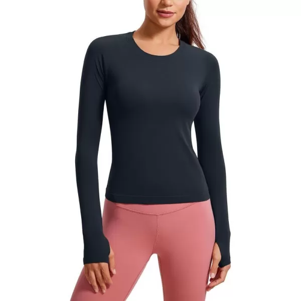 CRZ YOGA Womens Seamless Ribbed Workout Long Sleeve Shirts Quick Dry Gym Athletic Tops Breathable Running ShirtTrue Navy