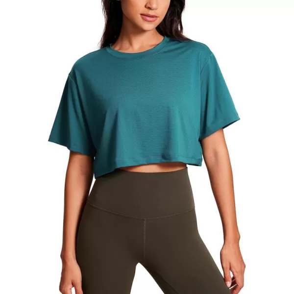 CRZ YOGA Womens Short Sleeve Tops Lightweight Breathable Workout Shirts High Neck Crop Tops Athletic Yoga TShirtsGreen Jade