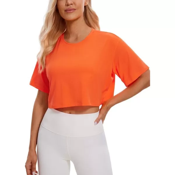 CRZ YOGA Womens Short Sleeve Tops Lightweight Breathable Workout Shirts High Neck Crop Tops Athletic Yoga TShirtsNeon Orange