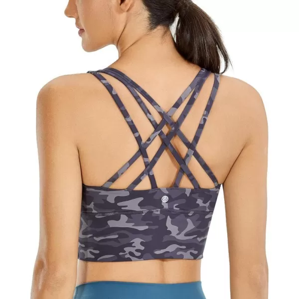 CRZ YOGA Womens Strappy Longline Sports Bras  Wirefree Padded Medium Impact Workout Crop Tank TopCamo Multi Nine