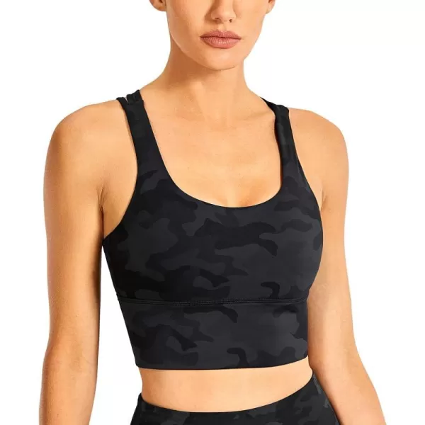 CRZ YOGA Womens Strappy Longline Sports Bras  Wirefree Padded Medium Impact Workout Crop Tank TopDark Grey Camouflage