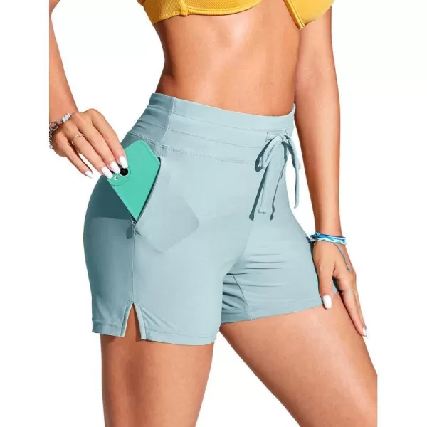 CRZ YOGA Womens Swim Shorts 4  High Waisted Board Shorts Zipper Pocket Bathing Swimwear Shorts Side Split with Mesh LinerLight Grayish Blue