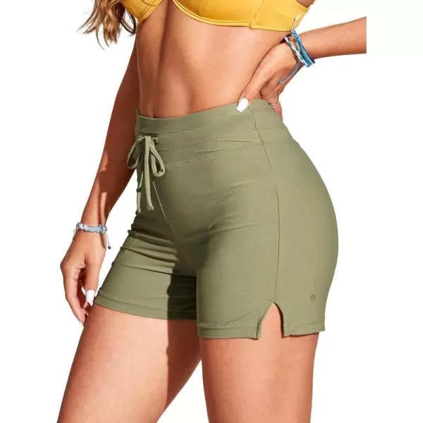 CRZ YOGA Womens Swim Shorts 4  High Waisted Board Shorts Zipper Pocket Bathing Swimwear Shorts Side Split with Mesh LinerMoss Green