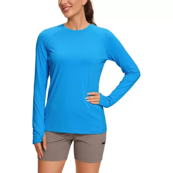 CRZ YOGA Womens UPF 50 Sun Protection Long Sleeve Workout Shirts Quick Dry Outdoor Hiking Running Tops with Thumb HolesMadagascar Blue