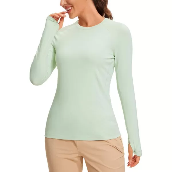 CRZ YOGA Womens UPF 50 Sun Protection Long Sleeve Workout Shirts Quick Dry Outdoor Hiking Running Tops with Thumb HolesPale Straw Green