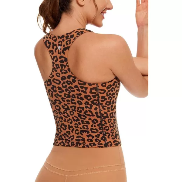 CRZ YOGA Womens UltiDry High Neck Workout Tank Tops  Racerback Padded Yoga Athletic Slim Fit Camisole with Built in BraOrange Yellow Leopard Print