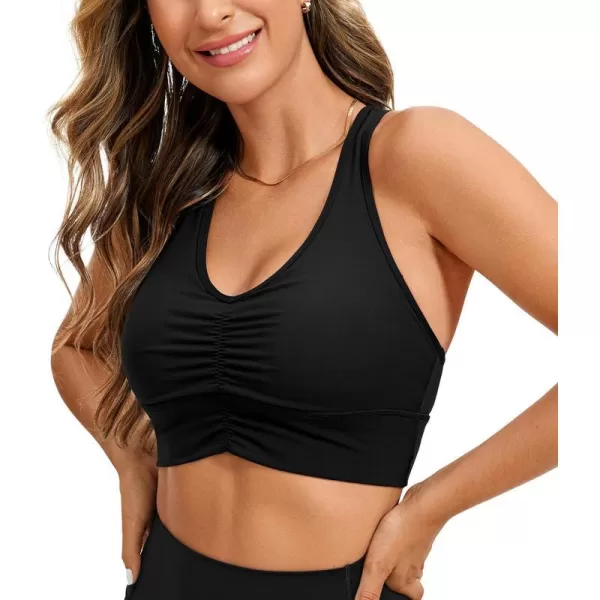 CRZ YOGA Womens UltiDry Ruched VNeck Longline Sports Bra  Racerback Padded Low Cut Yoga Bra Crop Tank TopBlack