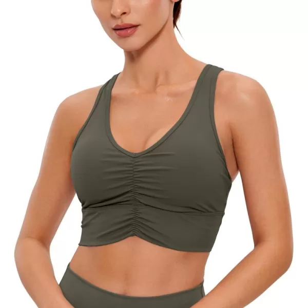 CRZ YOGA Womens UltiDry Ruched VNeck Longline Sports Bra  Racerback Padded Low Cut Yoga Bra Crop Tank TopOlive Green