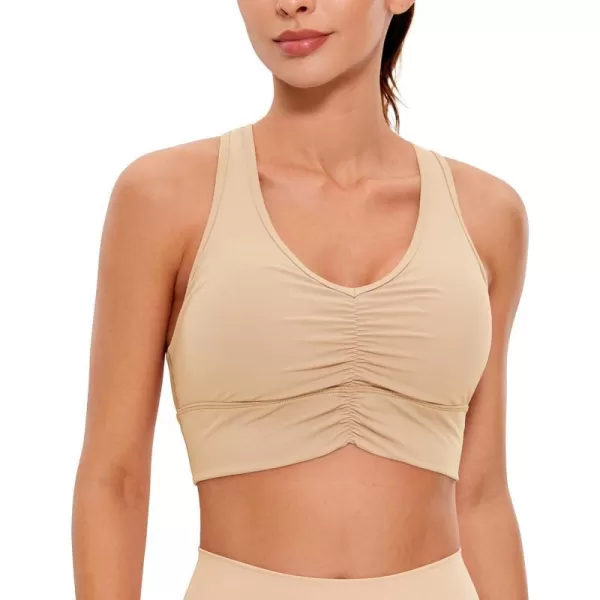 CRZ YOGA Womens UltiDry Ruched VNeck Longline Sports Bra  Racerback Padded Low Cut Yoga Bra Crop Tank TopTan Milkshake