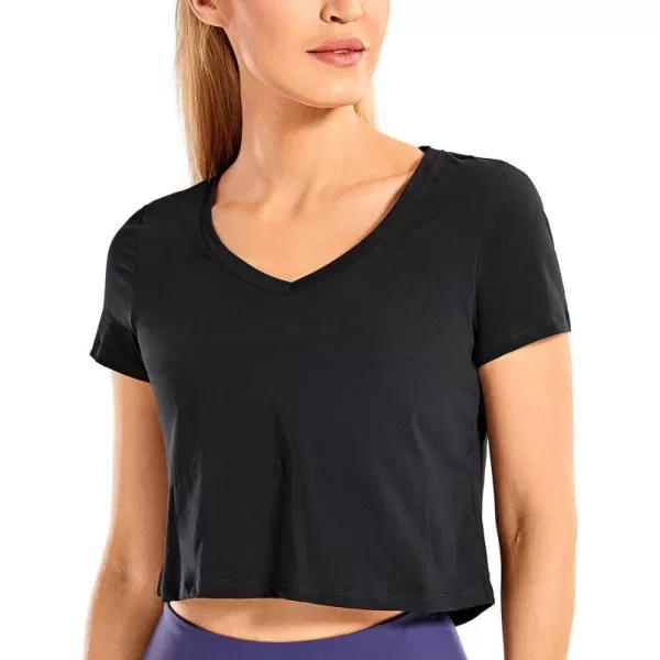 CRZ YOGA Womens Workout Crop Tops Pima Cotton Short Sleeve VNeck Shirts Casual Basic Cropped Tee TopsBlack