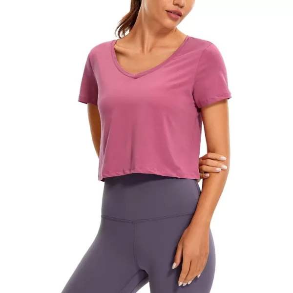 CRZ YOGA Womens Workout Crop Tops Pima Cotton Short Sleeve VNeck Shirts Casual Basic Cropped Tee TopsMoss Rose