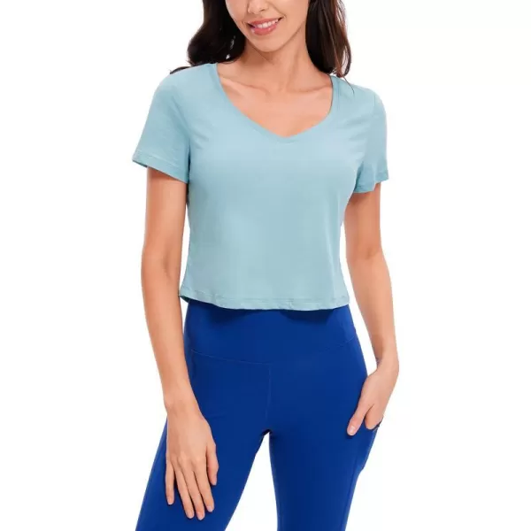 CRZ YOGA Womens Workout Crop Tops Pima Cotton Short Sleeve VNeck Shirts Casual Basic Cropped Tee TopsPure Blue