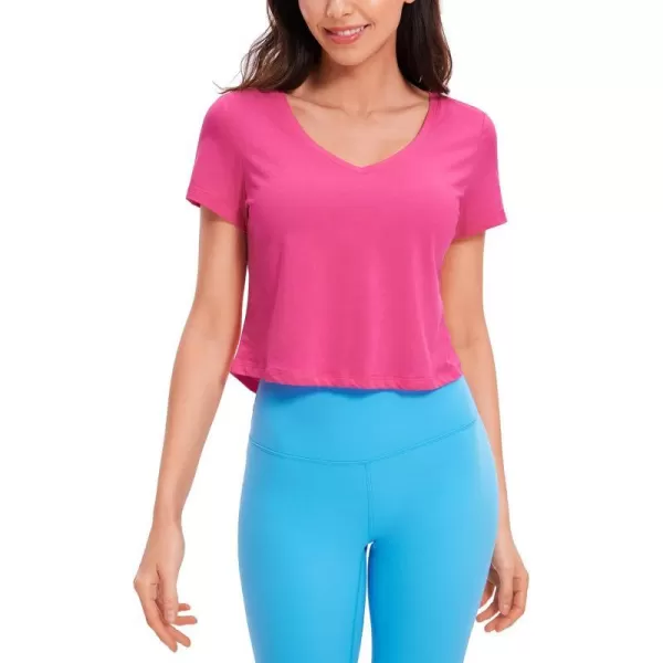 CRZ YOGA Womens Workout Crop Tops Pima Cotton Short Sleeve VNeck Shirts Casual Basic Cropped Tee TopsSonic Pink