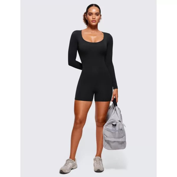 CRZ YOGA Butterluxe Athletic Rompers for Women Long Sleeve Scoop Neck Short Jumpsuits Stretchy Workout One Piece BodysuitBlack