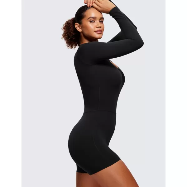 CRZ YOGA Butterluxe Athletic Rompers for Women Long Sleeve Scoop Neck Short Jumpsuits Stretchy Workout One Piece BodysuitBlack