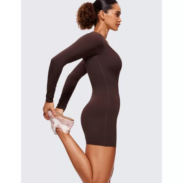 CRZ YOGA Butterluxe Athletic Rompers for Women Long Sleeve Scoop Neck Short Jumpsuits Stretchy Workout One Piece BodysuitHot Fudge Brown