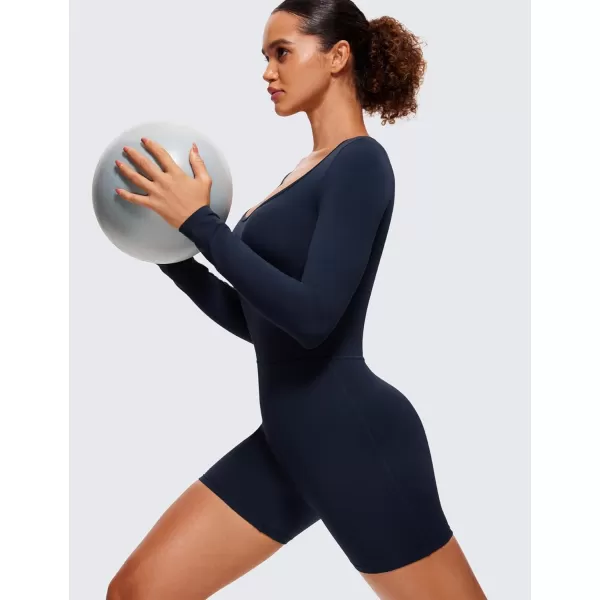 CRZ YOGA Butterluxe Athletic Rompers for Women Long Sleeve Scoop Neck Short Jumpsuits Stretchy Workout One Piece BodysuitTrue Navy