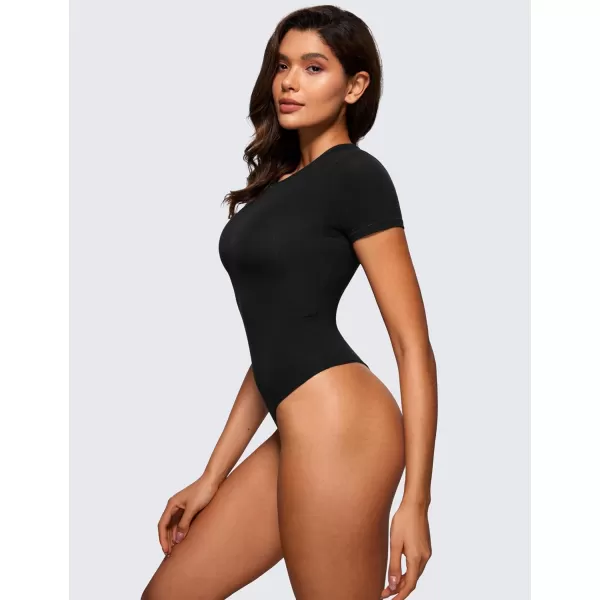 CRZ YOGA Cotton Short Sleeve Bodysuit for Women Casual Basic T Shirts Top Soft Breathable Crew Neck Sexy Thong BodysuitBlack