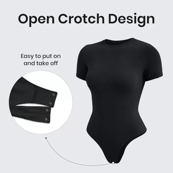 CRZ YOGA Cotton Short Sleeve Bodysuit for Women Casual Basic T Shirts Top Soft Breathable Crew Neck Sexy Thong BodysuitBlack