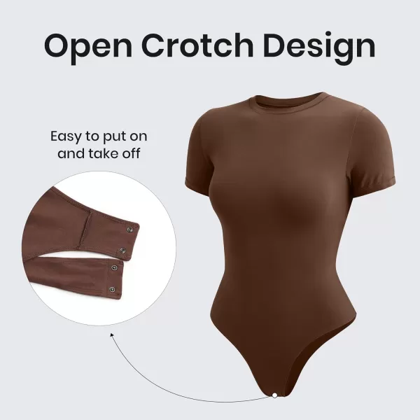 CRZ YOGA Cotton Short Sleeve Bodysuit for Women Casual Basic T Shirts Top Soft Breathable Crew Neck Sexy Thong BodysuitCoffee Brown