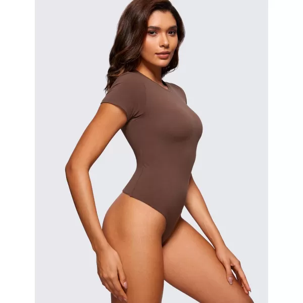 CRZ YOGA Cotton Short Sleeve Bodysuit for Women Casual Basic T Shirts Top Soft Breathable Crew Neck Sexy Thong BodysuitCoffee Brown