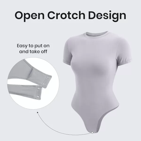 CRZ YOGA Cotton Short Sleeve Bodysuit for Women Casual Basic T Shirts Top Soft Breathable Crew Neck Sexy Thong BodysuitGull Gray