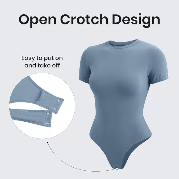 CRZ YOGA Cotton Short Sleeve Bodysuit for Women Casual Basic T Shirts Top Soft Breathable Crew Neck Sexy Thong BodysuitUniverse Blue