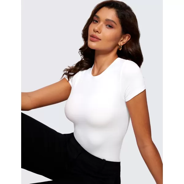 CRZ YOGA Cotton Short Sleeve Bodysuit for Women Casual Basic T Shirts Top Soft Breathable Crew Neck Sexy Thong BodysuitWhite