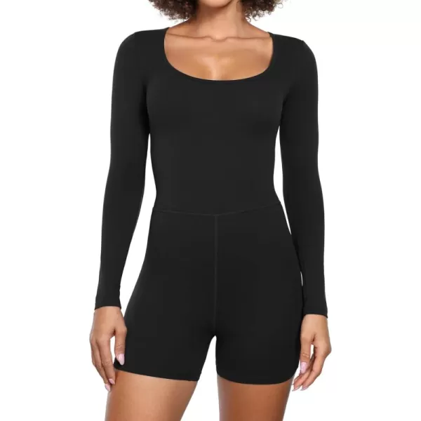 CRZ YOGA Butterluxe Athletic Rompers for Women Long Sleeve Scoop Neck Short Jumpsuits Stretchy Workout One Piece BodysuitBlack